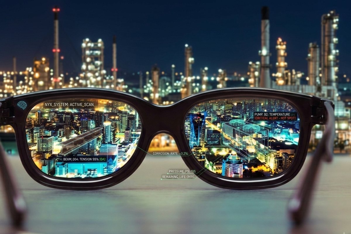 Refinery seen through glasses showing AI inspection overlays such as corrosion rate and critical alerts