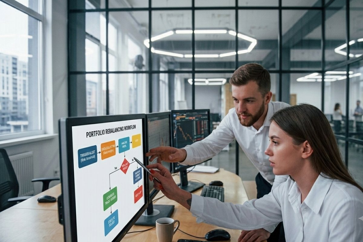 Engineers configuring an approval workflow on a monitor in an operations office