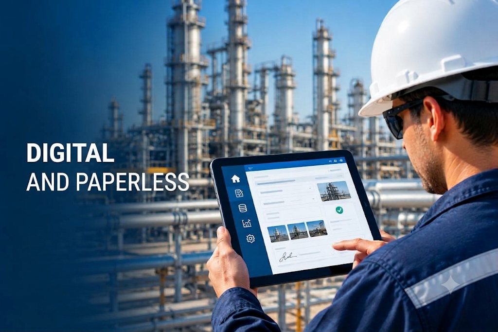 Inspector completing a paperless digital inspection form on a tablet at a refinery