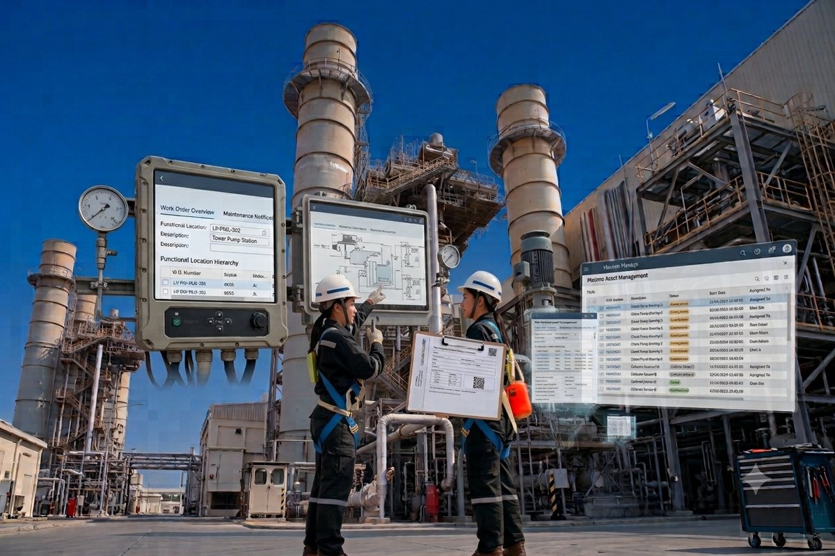 Two technicians reviewing a work order on site with maintenance dashboards around them