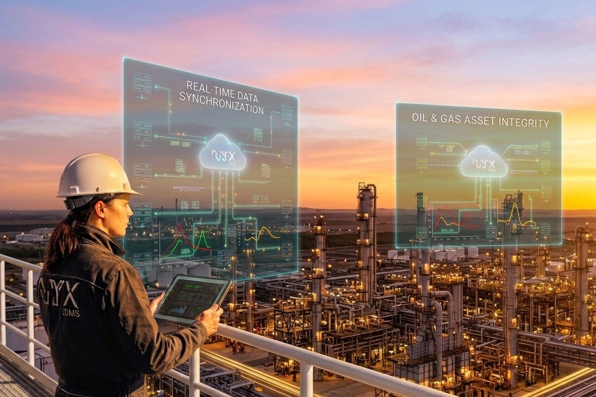 Inspector on a refinery walkway with live NYX IDMS data synchronising to the cloud